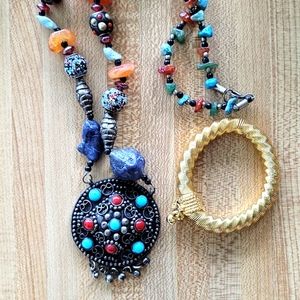 Indian Necklace & Stretchy Gold Bracelet